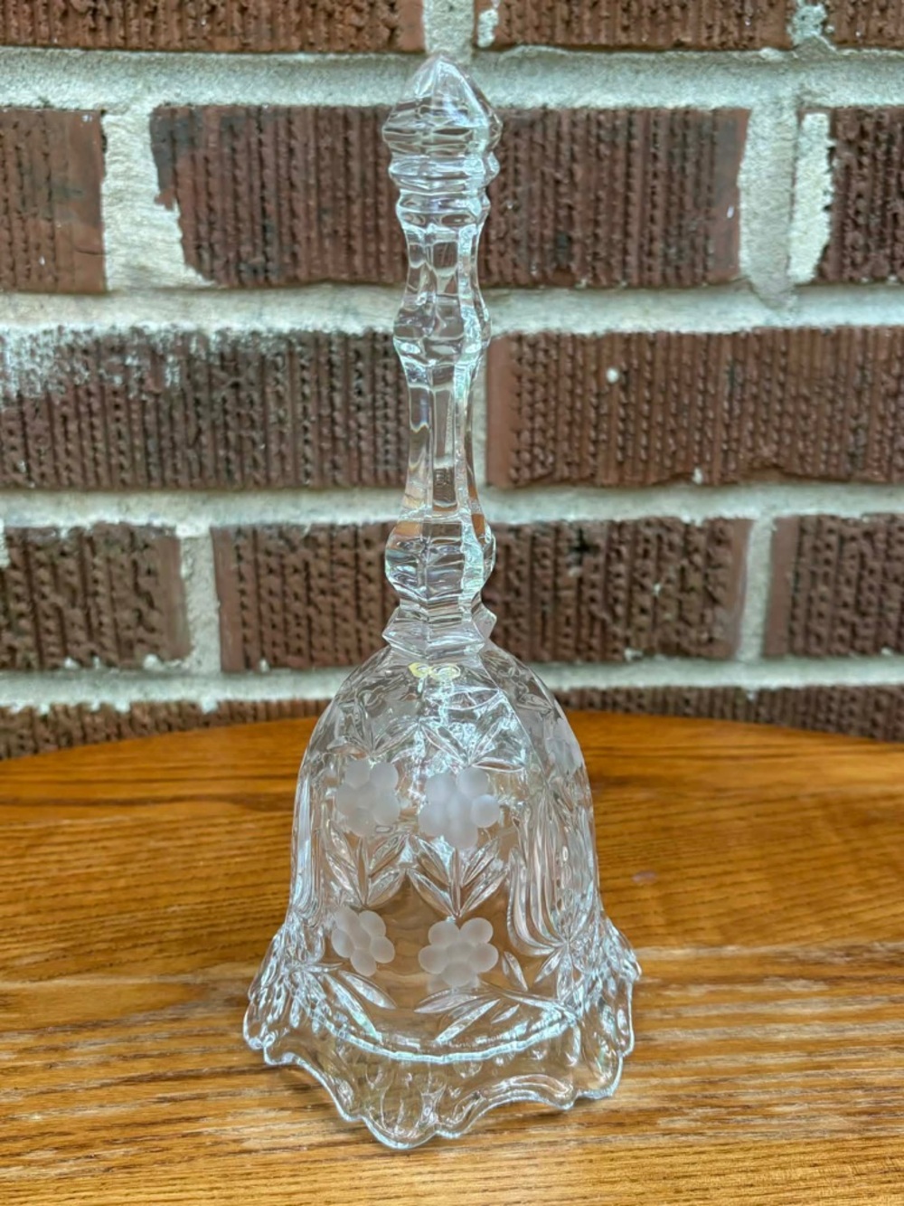 Vtg Bohemian Clear Cut Crystal Dinner Bell Etched Flowers Scalloped Edge 8.5”